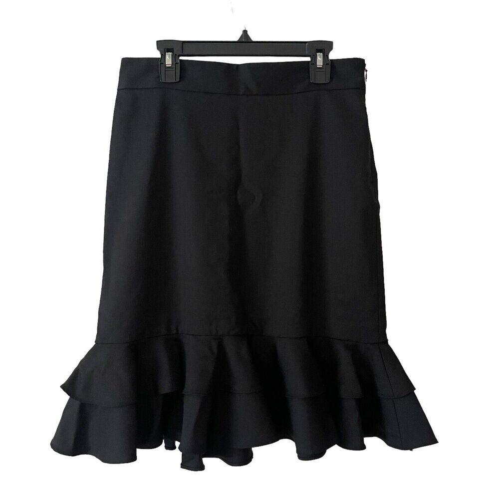 Milly 4 Trumpet Skirt Black Flare Ruffle Wool Blend Career Unique Solid